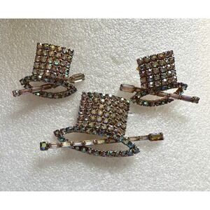 Hobe' Aurora Borealis Rhinestone Pin & Earrings Set Top Hat w/ Cane